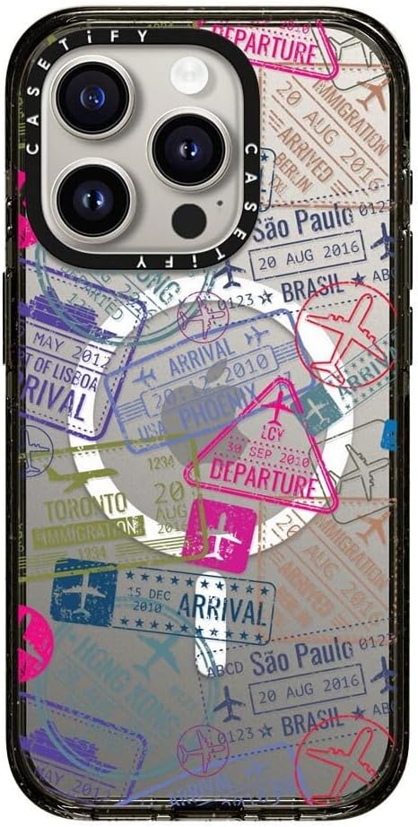 CASETiFY Impact iPhone 15 Pro Case [Slim/Compatible with Magsafe / 8.2 ft. 4X Military Grade Drop Protection] - Travel Stamps - Clear Black