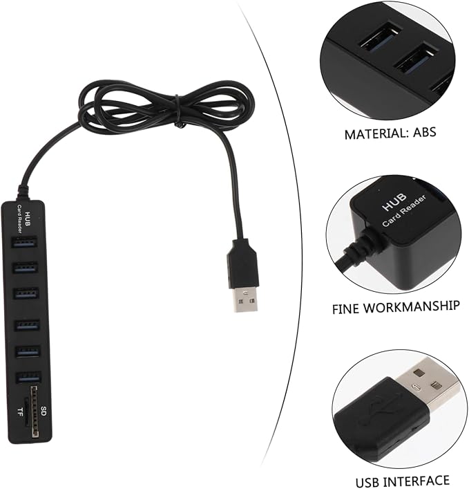 Angoily 6-Port USB Hub Card Reader Multi-Port USB Splitter for Laptops and Desktops 1m Extension Cable Compact and Portable Design
