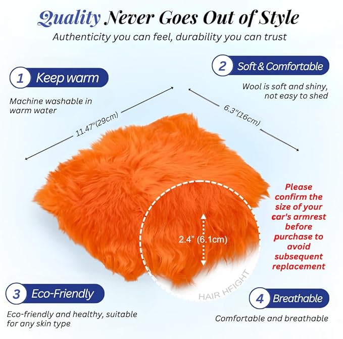 Andalus Brands Pure Australian Sheepskin Fluffy Car Center Console Cover, Luxurious Non-Shedding Furry Arm Rest Cover for Car, Versatile for All Seasons, Orange - (11.47" X 6.3")