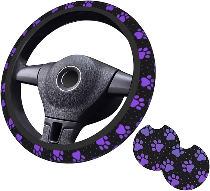 Purple Paw Print Steering Wheel Cover Dog Paw Print Steering Wheel Cover Anti-Slip Breathable Universal for 15 Inch Car with 2 Pieces Car Coasters Suitable for Men Women