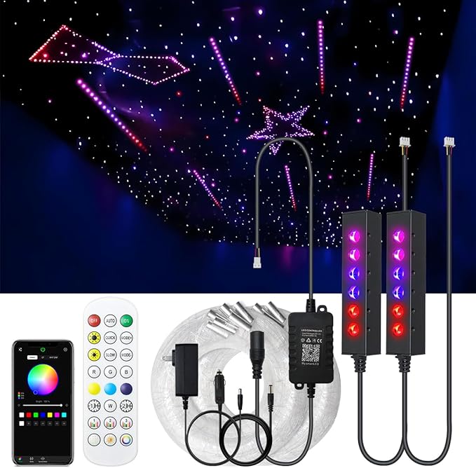 AKEPO MIni Size 6-Hole 3.2W RGB Multiple Color Chasing Fiber Optic Light Kit, 9.8ft APP Control 720pcs*0.75mm/0.03in Optical Fiber Mixed Color Timer Function Car Home Use Starlight Headliner Light