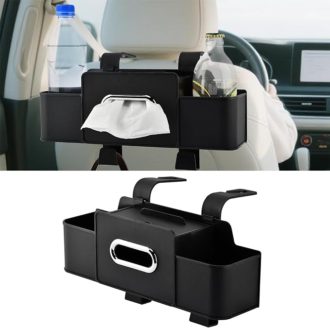 4-in-1 Back Seat Car Organizer with Extra Large Capacity, 2 Cup Holders, Tissue Box Dispenser & Storage Hook for Phone, Snacks, Toys(Black)