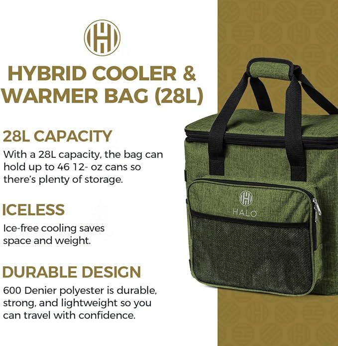 Halo 28L Hybrid Cooler & Warmer Bag | Electric Travel Cooler, Collapsible for Easy Storage, Keep Drinks Cold & Food Warm, Ice Free Cooling, Includes Shoulder Strap, DC Power Cord & AC Adapter