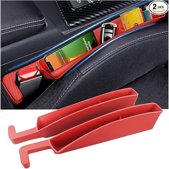 2PCS New Car Seat Gap Filler with 2 Storage Areas,Stylish Car Seat Gap Storage for Stabilizing Phone,Keys Wallet,Universal Car Seat Gap Filler Organizer Interior Accessories (Carbon Red)