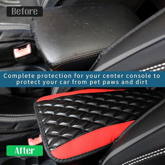 Ziciner Leather Car Center Console Armrest Pad, PU Waterproof Auto Seat Box Cover Protector, Hand Rest Cushion Protection Pad, Vehicles Interior Accessories Universal for Car,SUV (Red)