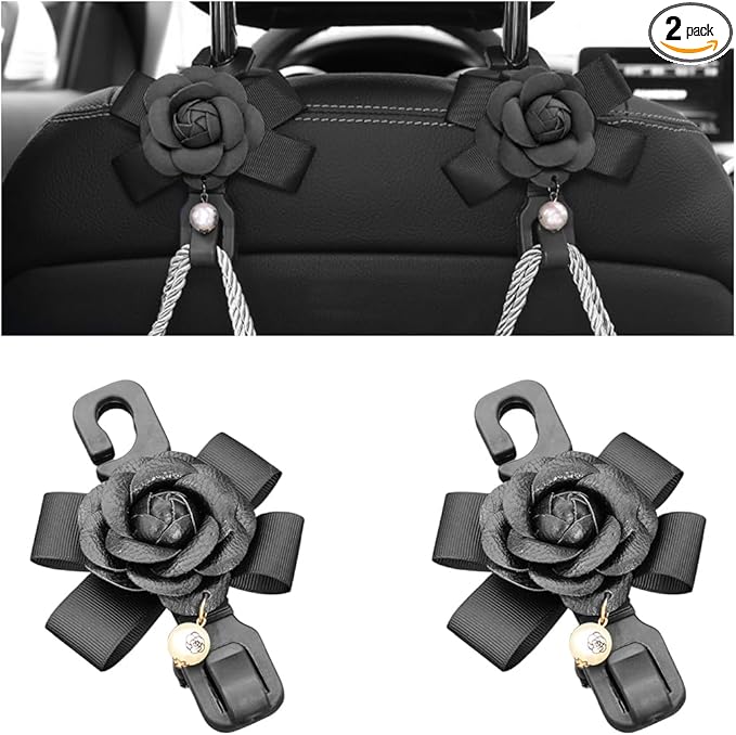 Car Seat Headrest Hook, 2PCS Cute Flower Vehicle Backseat Organizer Hanger for Purse Grocery Bag Coat, Auto Interior Hanging Decor Accessories, Universal for SUV Sedan Truck (Black)