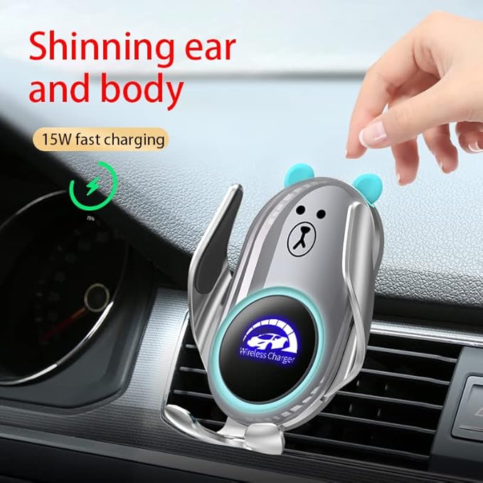 Phone Mount for Car Wireless Charger Auto Clamping with Rotatable Vent Clip Cute Bear for iPhone Samsung Andriod Phone