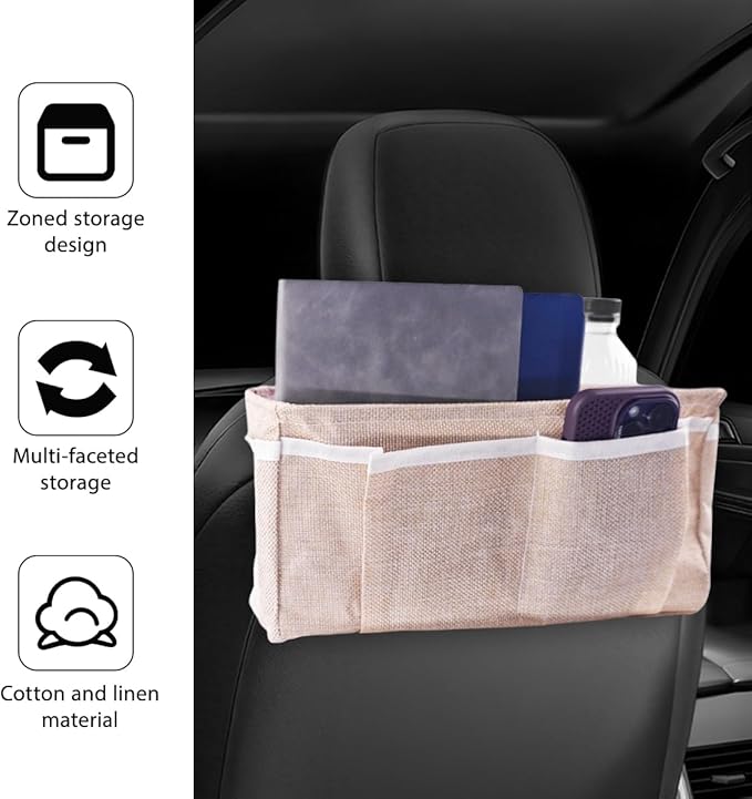 Car Seat Back Organizer, Linen Hanging Self-Adhesive Vehicle Backseat Storage Bag with Multiple Pockets, Auto Caddy for Book Water Bottle Holder, Universal for SUV, Truck, Van (Beige)