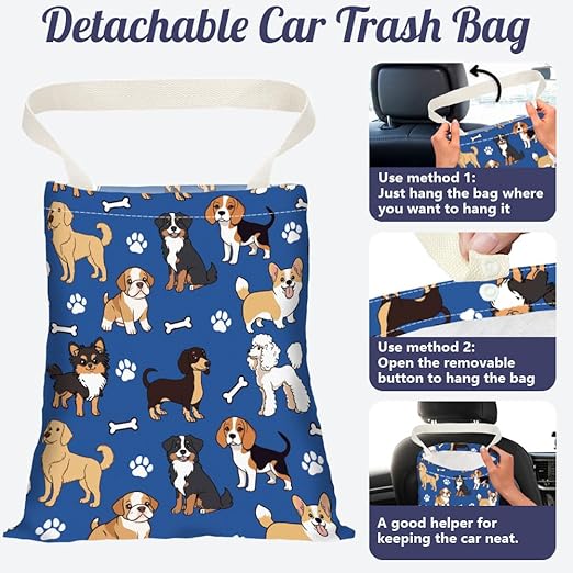 Various Dogs Print Car Trash Bag Hanging Garbage Bag with Snap Buttons Car-Back Seat Trash Storage Portable Dustbin for Car Interior Accessories Travel Camping
