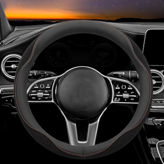 Carodi Car Steering Wheel Cover, Leather and Breathable ice Silk Fabric, Comfortable, Non-Slip, Warm in Winter and Cool in Summer, Universal 15 inch(Black red line)