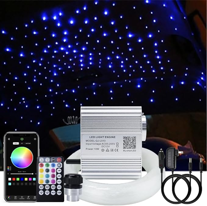 AKEPO Car Home Use APP+Twinkle+Music Fiber Optic Lights kit for Star Ceiling Sky Light, RGBW Light Engine + Optical Fiber Cable 150pcs 0.03in/0.75mm 6.5ft/2m + 28key RF Remote Control