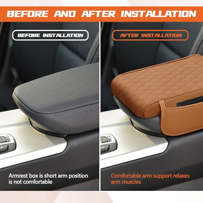 Car Center Console Cover, Napa Leather Car Armrest Cushion with Side Pockets, Memory Foam Auto Armrest Seat Box Mat, Universal Interior Armrest Protective Cover Accessories for Most Vehicle