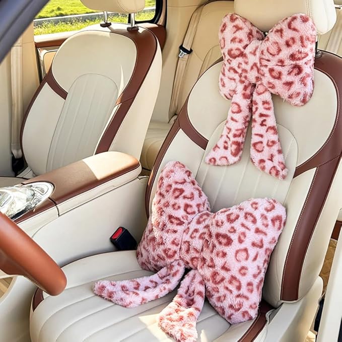 LYFJMUS 4 Pack Plush Bow Car Headrest Pillow and Lumbar Support Pillow Soft Butterfly Car Neck Pillows for Driving Cars Decor (Pink Leopard)