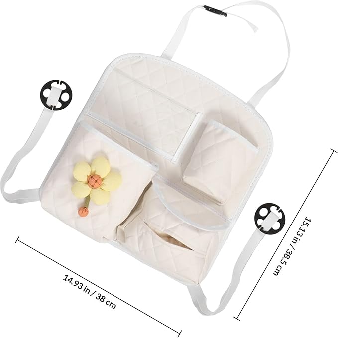 Car Seat Back Storage Organizer Bag, Multifunctional Leather Backseat Car Organizer with Hanging Pockets, Beige Quilted Design for Suv and Family Travel Interior
