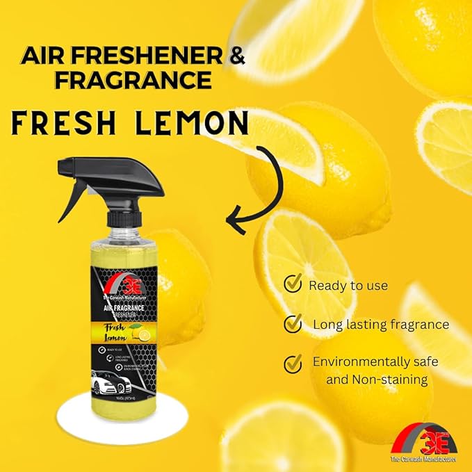 3E Car Air Freshener Premium Fresh Lemon Scent 16 fl oz – Professional Automotive Air Freshener & Odor Eliminator, Long-Lasting Interior Fragrance for Cars, Trucks, SUVs, RV, Home & Office (LEMON)