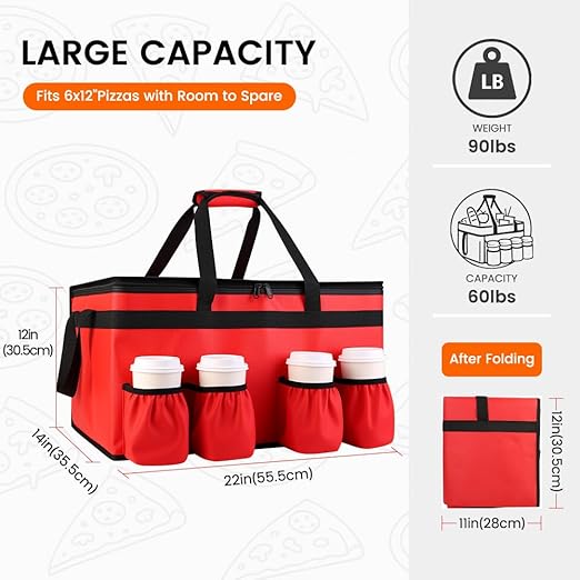CIVJET Insulated Food Delivery Bag with 4 Cup Holders, XX-Large Insulated Grocery Bags Keep Food Hot/Cold, Cooler Bags with Drink Carrier, Food Carrier Catering Bag, Commercial Food Warmer Bag, Red