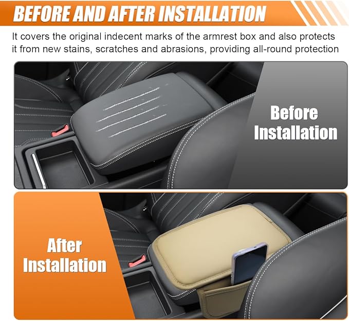 Car Center Console Cover, Leather Waterproof Auto Arm Rest Pad with Storage Bag, Scratch Resistant Middle Console Protector, Comfortable Vehicle Interior Accessories for Sedan SUV (Beige)