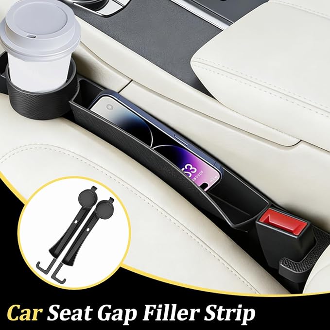 2PCS Car Seat Gap Filler, Soft Carbon Fiber Vehicle Between Seat and Console Organizer with Cup Holder, Prevent Falling Automotive Interior Chair Gap Plug, Universal Fit (Black)