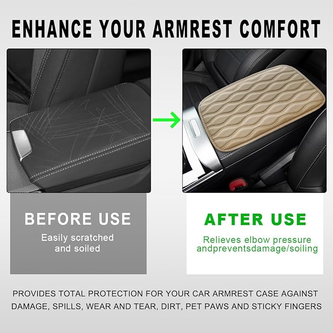Car Center Console Cushion Pad, 12.48×7.40 Inches Waterproof Car Armrest Seat Box Cover, Comfortable PU Leather Vehicle Armrest Cover Protector, Car Decor Interior Accessories (Beige)