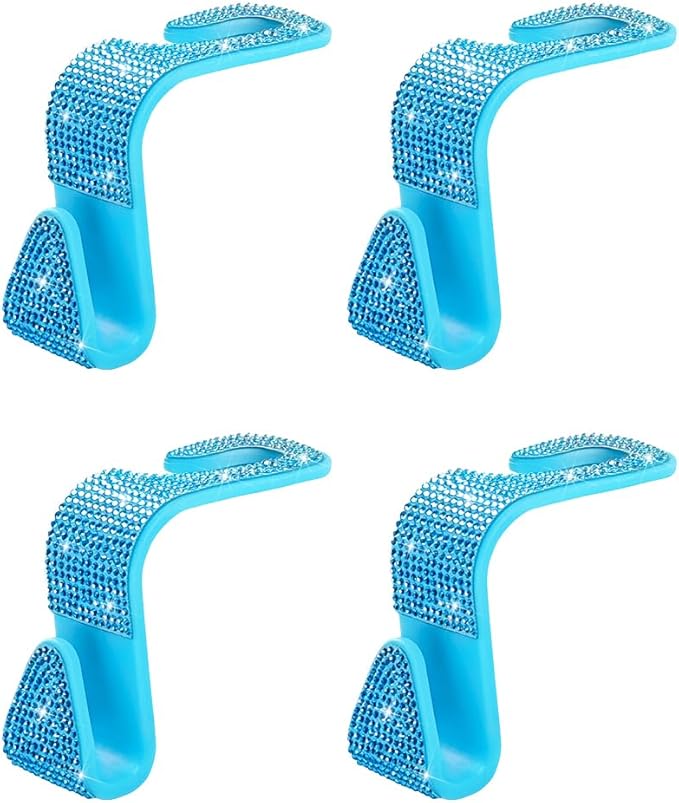 4PCS Bling Car Seat Headrest Hooks, Crystal Rhinestone Vehicle Back Seat Hanger Holder, Auto Interior Headrest Hanging Storage Organizer for Purse Handbag Coat, Universal Fit (Lake Blue)