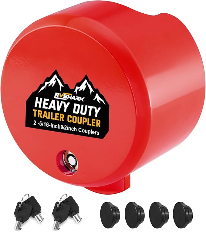 Trailer Hitch Locks, Heavy Duty Trailer Coupler Lock Fits 2-5/16"&2" Couplers, Anti-Theft Structural Steel Tongue Lock Essentials Accessories for RV, Trailer, Boat, Cargo, Camper, Utility–RED