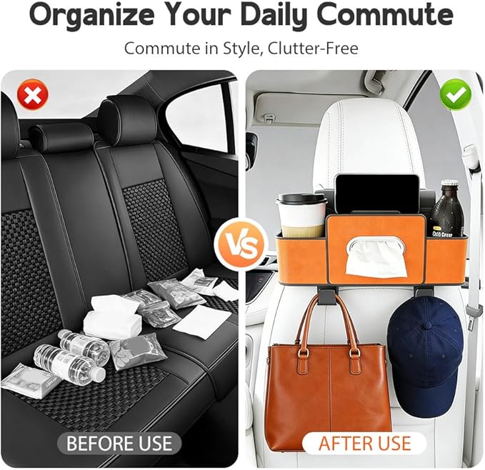 Multifunctional Car Seat Back Storage Box, 3-in-1 Backseat Car Organizer with Dual Cup Holders, Hold Phones, Snacks, Drinks, and Handbags (Black)