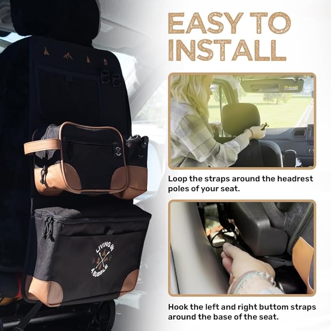 Living in a Bubble Seat back Organizer – Magnetic Toiletry and Cooler Pouch, Cordura Car Backseat Storage with Device Holder & Hooks, Multi-Compartment Utility Bag for Campervans & Family Travel