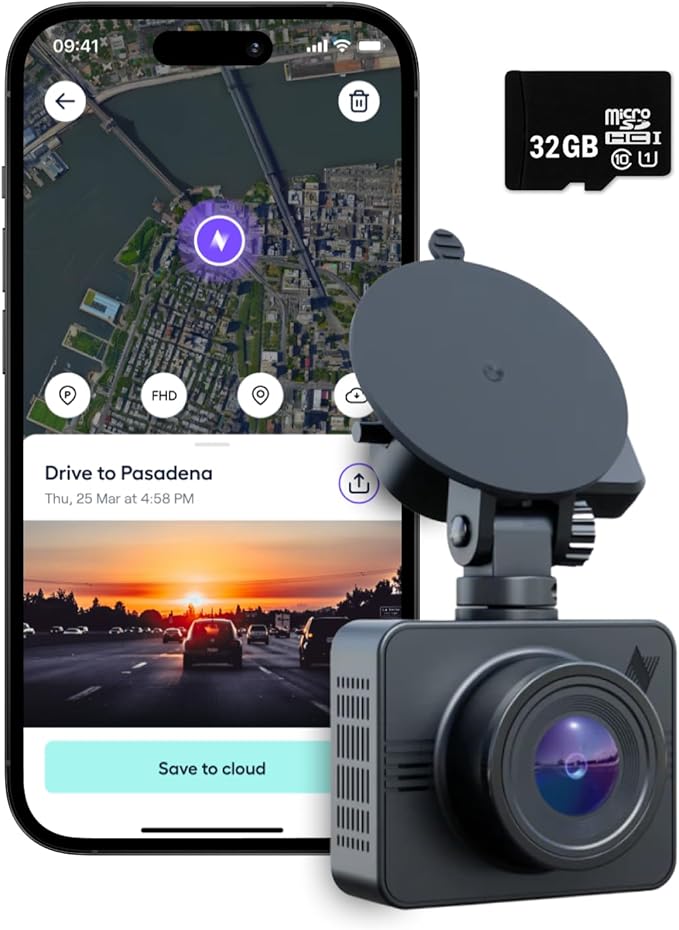 Nexar Beam GPS Dash Cam - Dash Camera for Cars with 32GB SD Card Included Unlimited Cloud Storage 24H Parking Mode Dash Cam for Cars. Wireless Car Camera with Nexar Classic App
