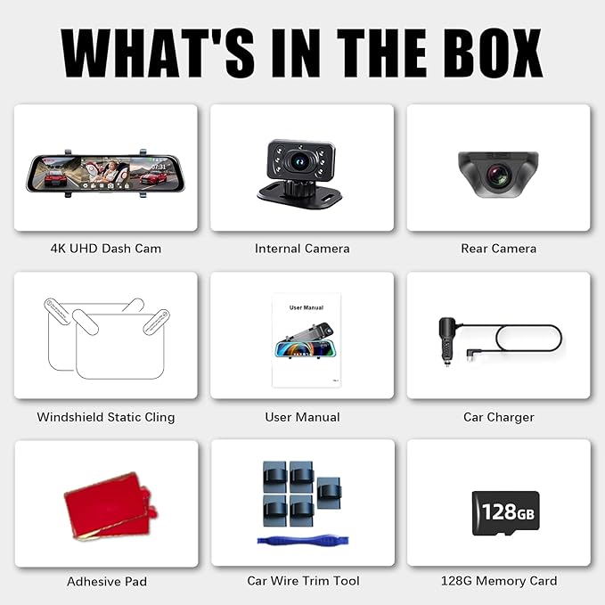 L09 12" 4K Mirror Dash Cam and Backup Camera with Front and Rear Dual Cameras, Built-in GPS, Wi-Fi, Loop Recording, G-Sensor, WDR, and HDR Night Vision, Includes 128GB Memory Card