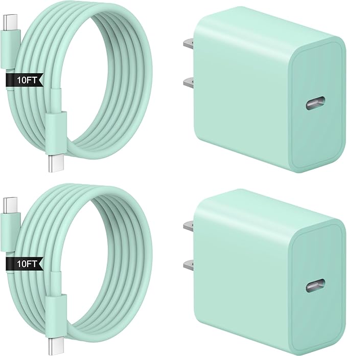 iPhone 17 16 15 Charger Fast Charging 2+2Pack 20W USB C Wall Charger with 10FT Fast Charging Cable Compatible with iPhone 17/17 Air/17 Pro/17 Pro Max/iPhone 16/15 Series, iPad Pro/AirPods-Green