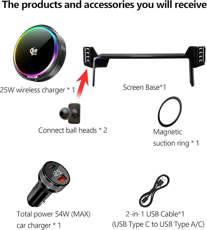 Qi2.2 25W Magnetic Car Mount Charger for 2024 2025 2026 Toyota Tacoma Accessories, for Fast Charging Cell Phone Holder 8 Inch Screen Fixed Clip with Cooling Fan＆54W Fast Adapter