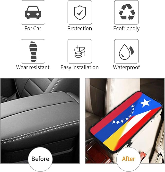 Venezuela Venezuelan Puerto Rico Flag Auto Center Console Armrest Cover Car Handrail Box Cushion Pad Mat Universal Fit Most Vehicle Sedan Truck SUV Soft Comfort Decor Accessories