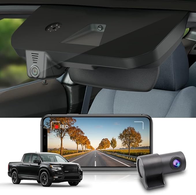 Fitcamx 2K Dual Dash Cam for 2017-2025 Honda Ridgeline RT RTS RTL Trail Sport Black Edition (DZ-0337), OEM Look, Front 1440P+Rear 1080P Video, WiFi & APP, Loop Recording, G-Sensor, Easy to Set, 64GB