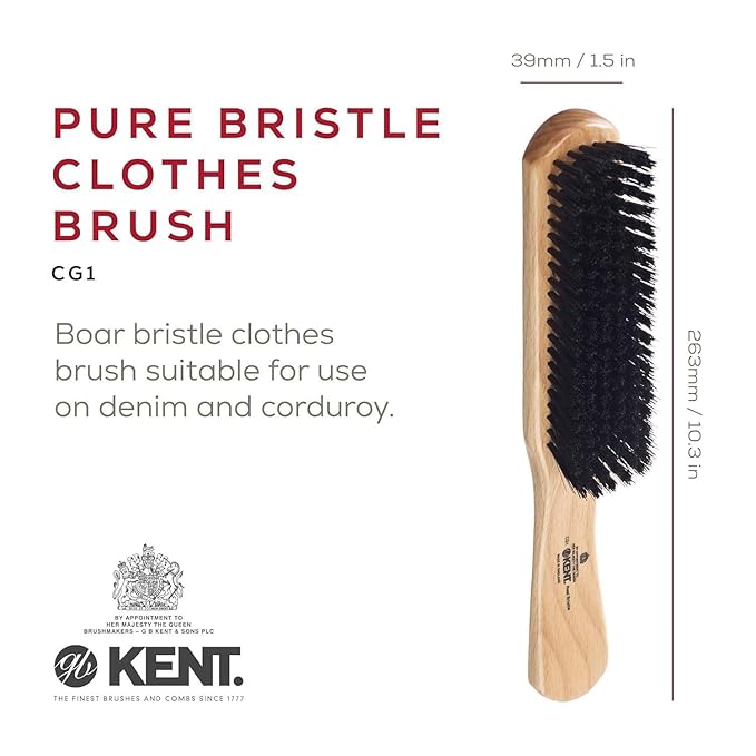 Kent CG1 Clothes Brush Cherrywood 100% Natural Black Bristle and Lint Remover Especially for Jeans or Corduroy Garments for Keeping Fabrics Free from Fibres, Fluff and Pet Hair. Made in England