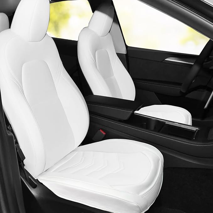 2PCS Car Seat Cover Nappa Leather Front for Tesla Model Y&3 2020-2024 Car Seat Bottom Protector, Original White Color Heavy Duty Seat Cushion Protector Without Backrest (White)