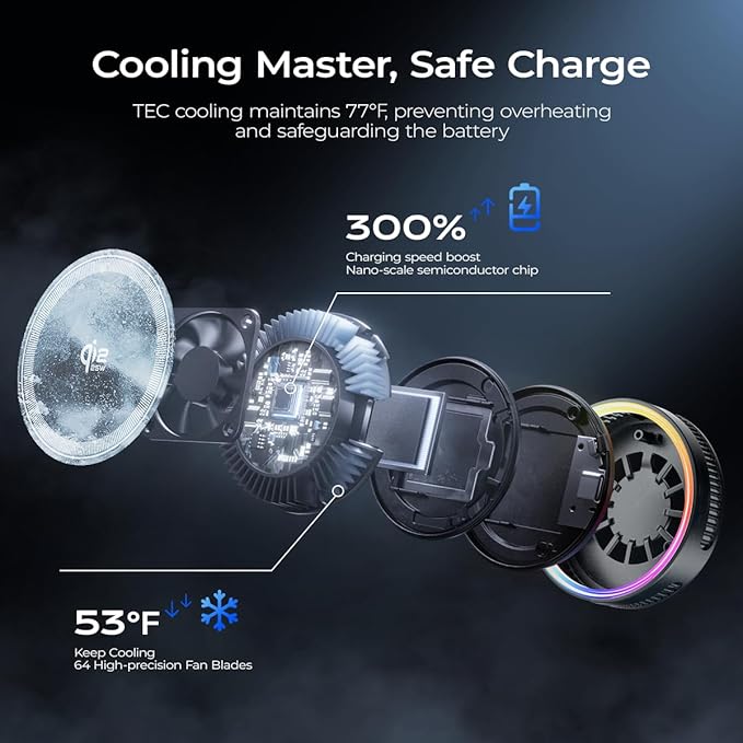 Qi2.2 Wireless Charger【25W Fast Charging+Instant Cooling】 Magnetic Charger Pad with Cooling Fan,LED Light Phone Holder Fast Charging Compatible with iphone17/16/15/14/13/12 Series