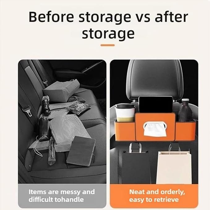 3-in-1 Car Backseat Organizer with Dual Cup Holders, Seat Back Storage Box, Built-in Tissue Holder, Adjustable Universal Design for Neat and Practical Car Interior Storage (Brown)
