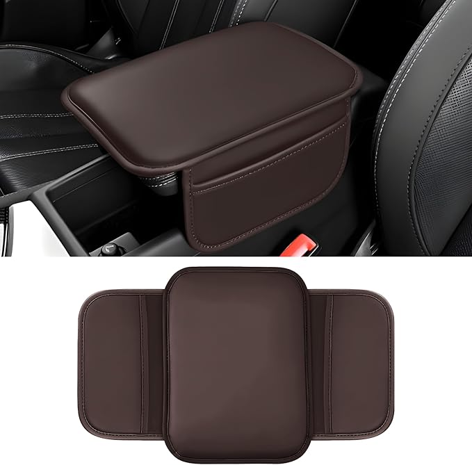 Car Center Console Cover, 11.6"×8.3" Leather Car Armrest Cushion Pad with 2 Storage Pockets, Comfortable Arm Rest Box Cover Mat for Most Vehicles, Universal Interior Accessories (Brown)
