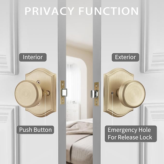 Interior Pismo Doorknobs for Bath & Bedroom, Gold Door Knobs with Camelot Trim, Satin Brass Door Knob with Lock