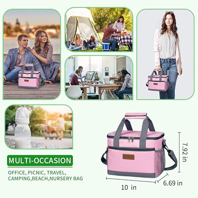 iknoe Insulated Lunch Bag, Foldable 8.5L Cooler Bag for Men & Women, Leakproof Thermal Design, Great for Office, Picnic, Travel, Lunch Box, Pink