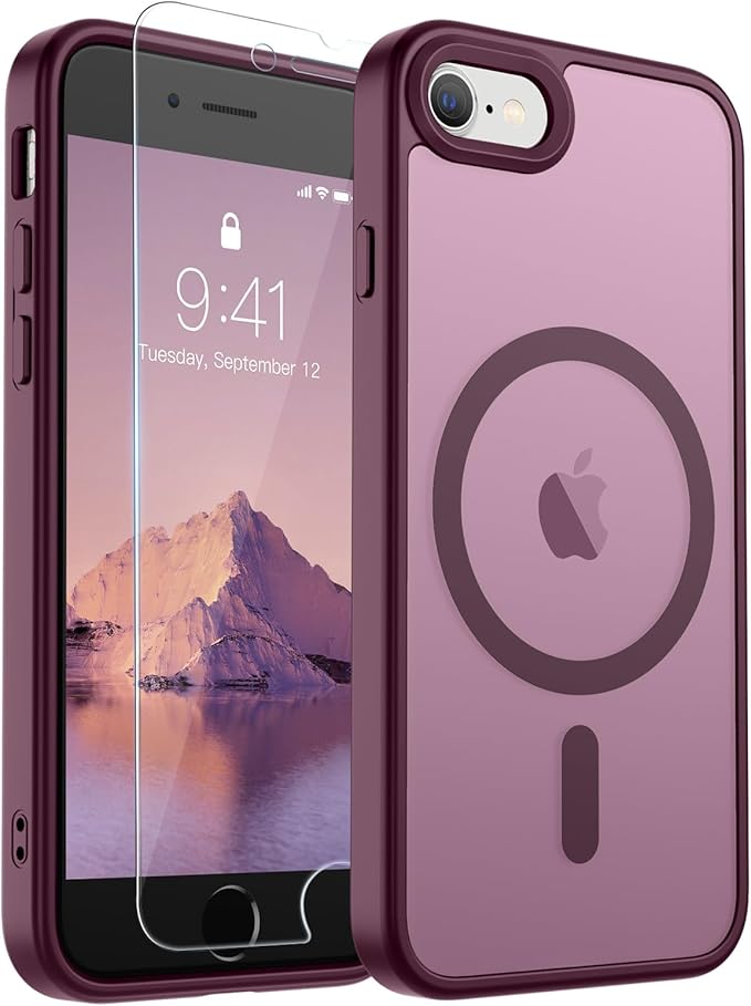 SUPFINE Magnetic for iPhone SE Case 2022 (3rd)/2020 (2nd), iPhone 8 Case with Screen Protector (Compatible with MagSafe) (Military Grade Drop Protection) Translucent Matte Phone Case, Wine Red