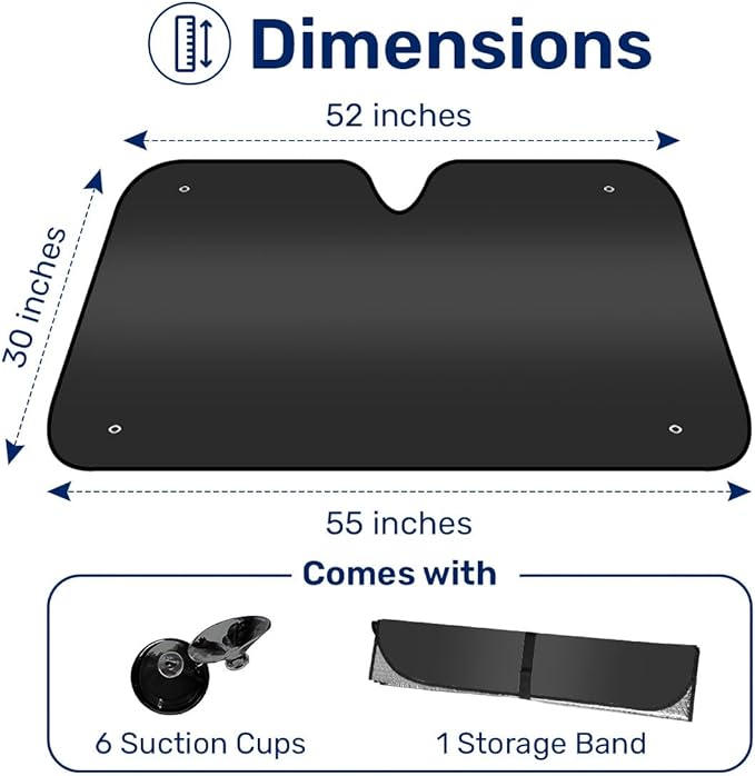 GENANY Black Windshield Sun Shade for Car SUV Truck (55x30 Inches), Sun Shade Windshield, Shades for Front Windows, Sunshade for Car Windshield, Protector Blocks UV