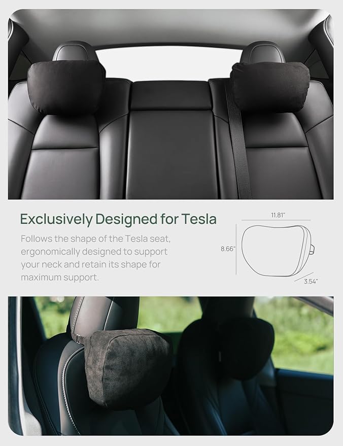 TPARTS Headrest Neck Pillow for Tesla Model 3/Y/X/S, Soft Faux Suede Fabric Car Neck Support Pillow Cushion for Traveling (Filled with Dupont Sorona Fiber)-Set of 2 Black