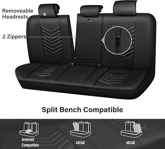 CAR PASS 3D Foam Luxury Leather Back Bench Car Seat Covers,Waterpoof Faux Leather Rear Seat Cover Universal Fit for Cars Sedans SUVs Vans Trucks 95% Automotive Backseat, (Rear,Black)