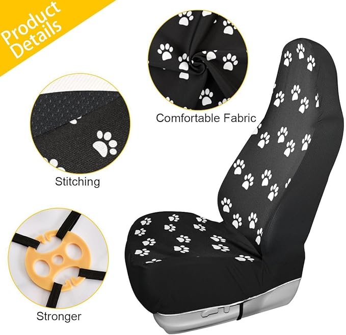Paw Print Car Seat Covers Set of 2,White Animal Pet Claws on Black Background Universal Auto Front Seat Cushion Protector for Women Cute Animal Footprints Car Accessories Fit for Car Truck