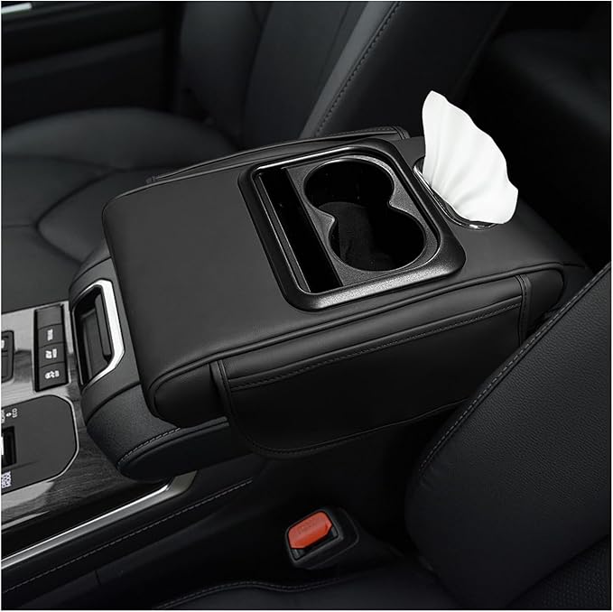 Car Center Console Armrest Pillow, Multifunctional Armrest Box Cover with Cup Phone Tissue Holder & Side Pockets, Waterproof Leather Middle Console Cushion for Most Vehicles (Black, Normal)
