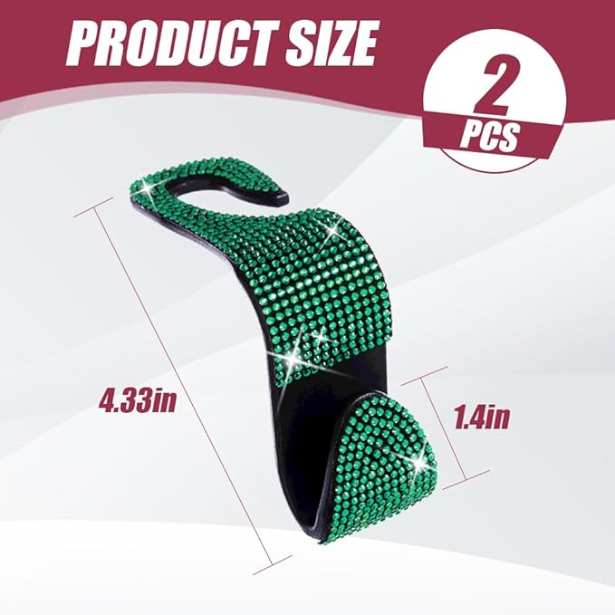 2 Pack Car Seat Headrest Hook, Bling Car Hooks Front Seat, Back Seat Organizer Hanger Storage Hook Car Purse Hook for Bags, Clothes, Coats, Grocery Bags (Green)