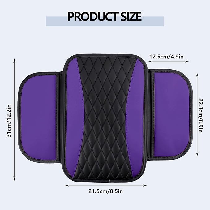 Leather Car Center Console Cover,Upgraded Center Console Cushion Pad with Side Pockets,Patchwork Arm Rest Cover for Car,Waterproof Armrest Seat Box Covers,Universal for Most Vehicles (Purple)