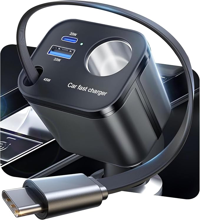 4 in 1 Retractable Car Charger, [60% Smaller] 145W USB C Cigarette Lighter Adapter, Socket Splitter with Retractable Cable&USB-C/A Port, 12V/24V Fast Charging Car Phone Charger for iPhone 17 Pro Max