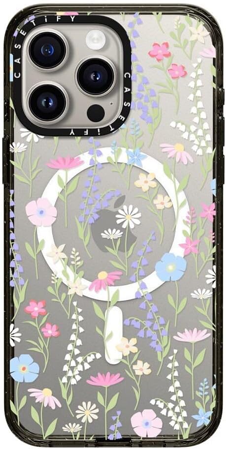 CASETiFY Impact iPhone 15 Pro Max Case [4X Military Grade Drop Tested / 8.2ft Drop Protection/Compatible with Magsafe] - Flower Prints - Pink Pastel Cute Floral - Clear Black